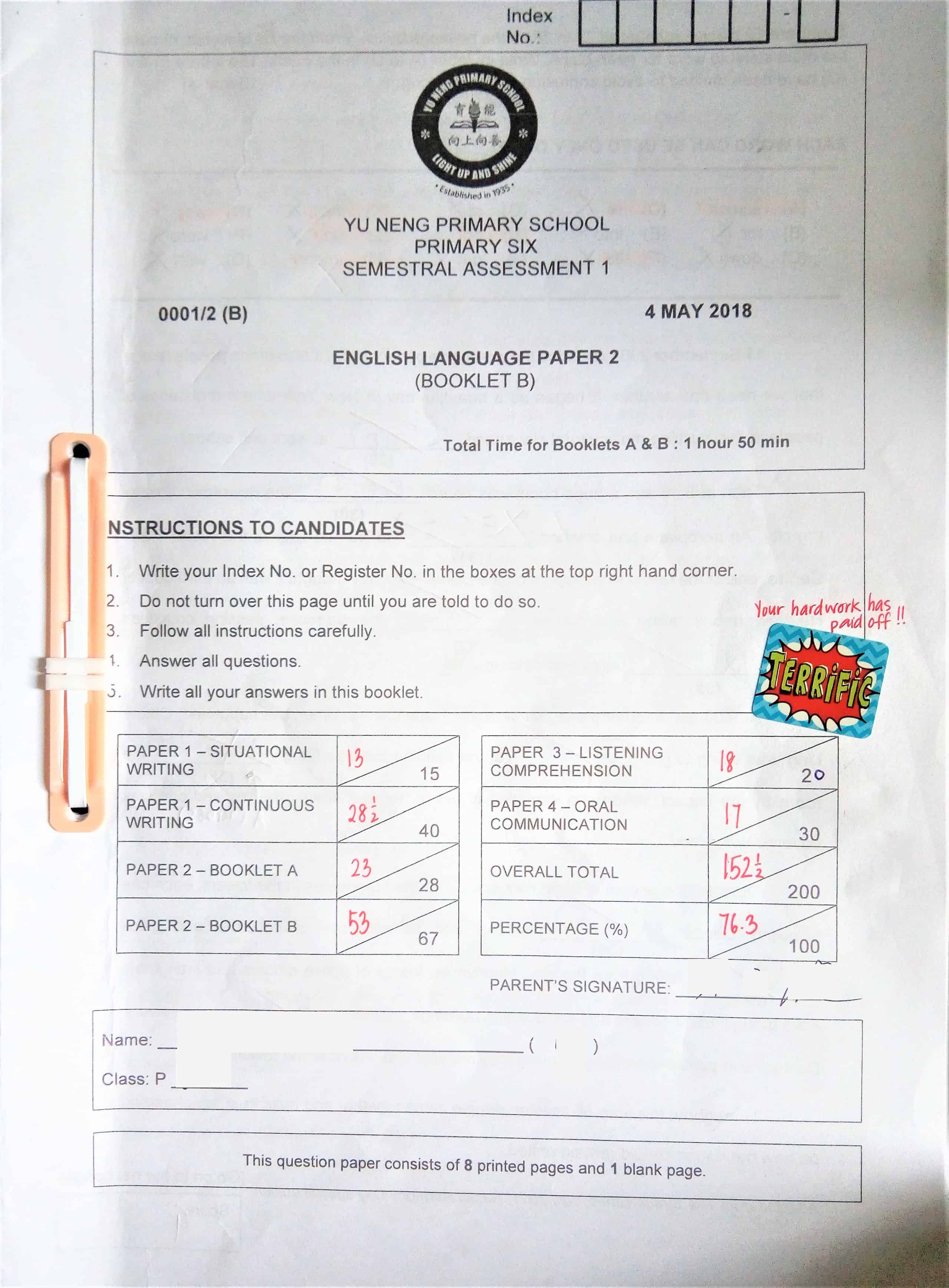 Yu Neng Primary School English SA1 Paper 2 76/100 after private home tuition at http://35.198.240.204